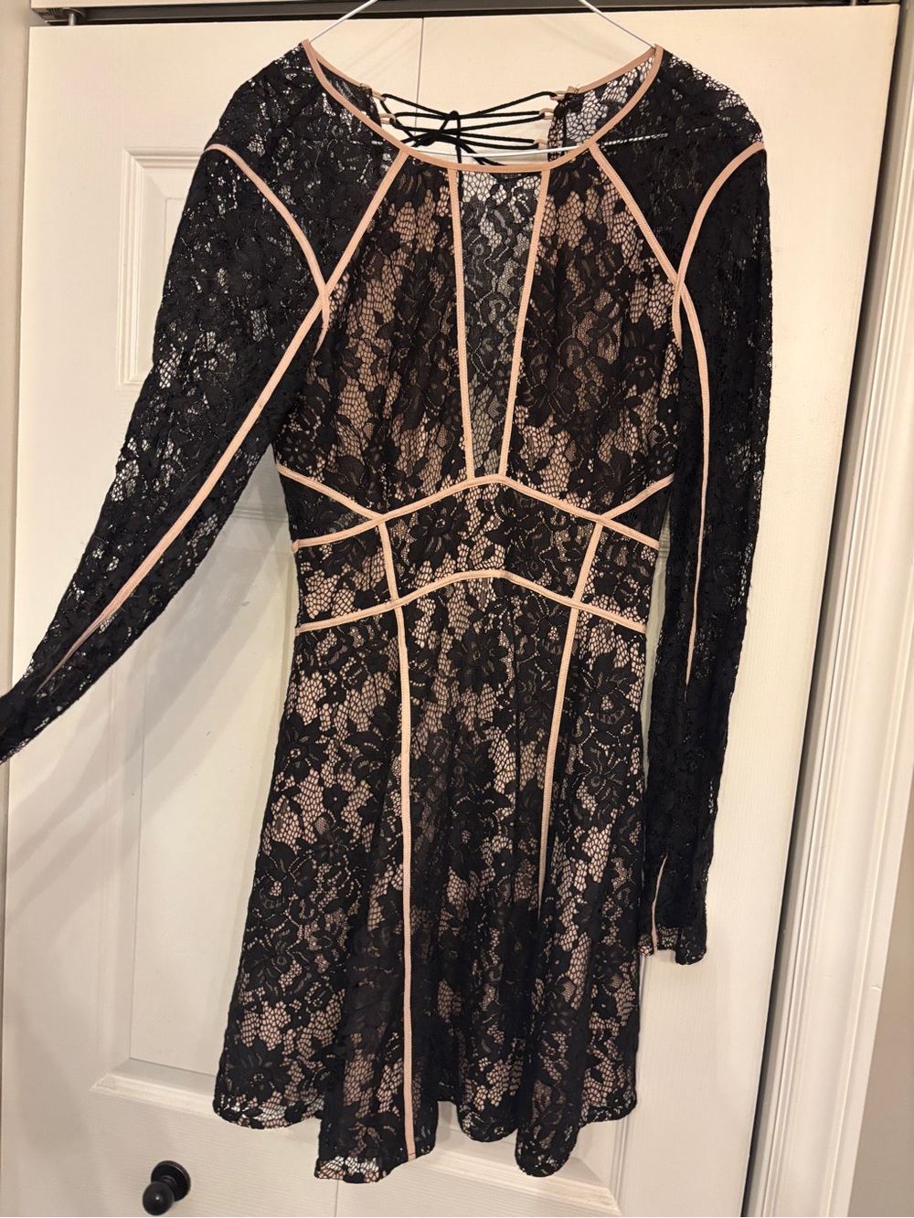 Black Lace Long-Sleeve Dress with Nude Underlay